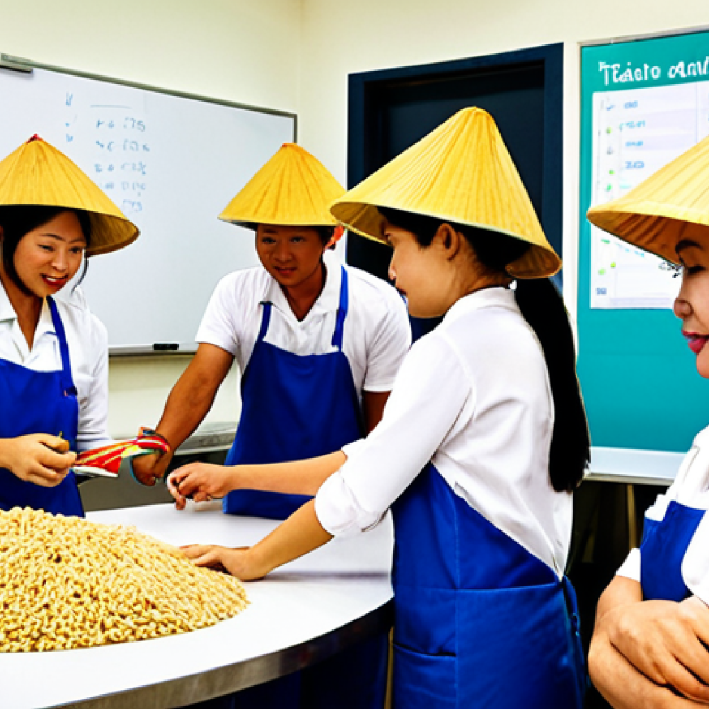 **

A diverse team of Vietnamese workers collaborating in a modern, clean food fermentation facility. The focus is on teamwork, problem-solving, and a positive company culture with Vietnamese elements (e.g., traditional conical hats nearby, "Cảm ơn!" on a whiteboard). The scene should highlight a sense of growth and opportunity within the company, with some workers learning from others.

**