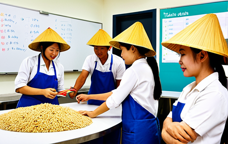 **

A diverse team of Vietnamese workers collaborating in a modern, clean food fermentation facility. The focus is on teamwork, problem-solving, and a positive company culture with Vietnamese elements (e.g., traditional conical hats nearby, "Cảm ơn!" on a whiteboard). The scene should highlight a sense of growth and opportunity within the company, with some workers learning from others.

**