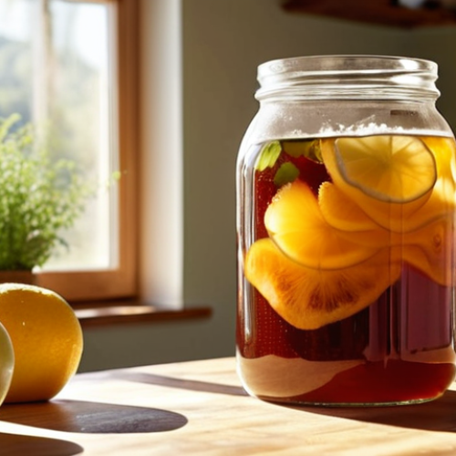 **Homemade Kombucha Brewing:** A glass jar filled with kombucha, a SCOBY visible on top, with fruit or herbs infusing. Background is a sunny kitchen.