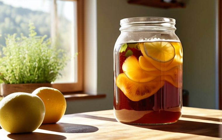 **Homemade Kombucha Brewing:** A glass jar filled with kombucha, a SCOBY visible on top, with fruit or herbs infusing. Background is a sunny kitchen.